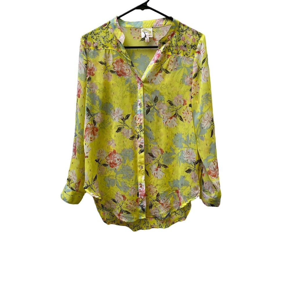 Fig & Flower neon green flowered‎ sheer long sleeve blouse size Small